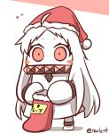  1girl ahoge blush_stickers chibi covered_mouth dress flying_sweatdrops hat kantai_collection looking_at_viewer mittens northern_ocean_hime red_eyes rexlent santa_hat shinkaisei-kan solo twitter_username white_dress white_hair white_skin 