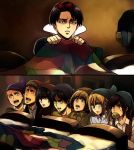  3girls 5boys armin_arlert bangs bed black_hair blanket blonde_hair blue_eyes blush bow brown_hair christa_renz comic commentary conny_springer cosplay covering disney eren_yeager food_in_mouth grey_eyes hair_between_eyes hair_bow hat indoors jean_kirchstein levi_(shingeki_no_kyojin) lipstick looking_at_another makeup mikasa_ackerman mouth_hold multiple_boys multiple_girls on_bed open_mouth parody potato rosel-d sasha_braus scared scarf shaded_face shingeki_no_kyojin shirt short_hair silent_comic snow_white snow_white_(disney) snow_white_(disney)_(cosplay) snow_white_and_the_seven_dwarfs surprised sweatdrop 