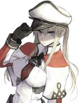  1girl blonde_hair breasts capelet cross gloves graf_zeppelin_(kantai_collection) grey_eyes hair_between_eyes hat hat_tip jonasan kantai_collection large_breasts long_hair looking_at_viewer necktie peaked_cap sidelocks solo twintails 