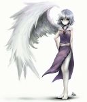  1girl adapted_costume arm_behind_back ascot barefoot brooch cross dress expressionless feathered_wings fur_trim hand_on_hip heart jewelry kishin_sagume legs looking_at_viewer purple_dress red_eyes shiny shiny_hair short_hair silver_hair simple_background single_wing solo thighs touhou white_background white_wings wings yuxyon 