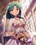  1girl artist_request bangs bouquet bridal_veil bride brown_eyes church dress earrings flower from_below green_hair idolmaster idolmaster_million_live! indoors jewelry long_hair necklace official_art short_hair smile solo sparkle stained_glass strapless_dress tiara tokugawa_matsuri veil wedding_dress window 