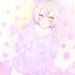  1boy :o animal_hood chiyori green_eyes hood hoodie hotarumaru male_focus nail_polish open_mouth shorts silver_hair star touken_ranbu 