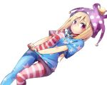  1girl american_flag_legwear american_flag_shirt blonde_hair clownpiece dutch_angle frown hat jester_cap long_hair looking_at_viewer pantyhose rinoshii shirt_tug short_sleeves simple_background solo standing_on_one_leg touhou violet_eyes white_background 