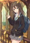  1girl blush brown_hair cardigan commentary_request green_eyes hand_in_pocket idolmaster idolmaster_cinderella_girls jewelry long_hair looking_at_viewer necklace necktie open_mouth school_uniform shibuya_rin skirt smile solo tamakaga waving 