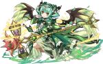 1girl aqua_hair astaroth_(p&amp;d) blush_stickers cauchemar_(p&amp;d) dress feathered_wings fishnet_gloves gloves green_dress hairband headdress official_art open_mouth puzzle_&amp;_dragons see-through short_hair smile solo sparkle staff wings yellow_eyes 