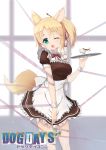  1girl absurdres animal_ears artist_name blonde_hair blush breasts dog_days fox_ears fox_tail green_eyes hair_ribbon heart heart-shaped_pupils highres large_breasts long_hair maid one_eye_closed open_mouth ponytail ribbon solo symbol-shaped_pupils tail yukikaze_panettone 