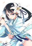  1girl black_hair blue_eyes dagger fate/grand_order fate_(series) fighting_stance flower hair_flower hair_ornament hime_cut japanese_clothes jing_ke_(fate/grand_order) kimono long_hair puyue solo weapon 