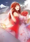  blush bouquet brown_eyes brown_hair dress happy headdress kagerou_project long_hair tateyama_ayano wedding 