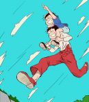  2boys blue blue_sky carrying closed_eyes clothes_around_waist dual_persona jacket_around_waist male_focus miyakichi multiple_boys osomatsu-kun osomatsu-san osomatsu_(osomatsu-kun) pointing running shoulder_carry sky smile time_paradox younger 