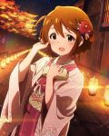  1girl alternate_hairstyle artist_request baba_konomi blush braid brown_hair flower green_eyes hair_flower hair_ornament idolmaster idolmaster_million_live! japanese_clothes jpeg_artifacts kimono looking_at_viewer official_art short_hair smile solo 