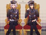  2boys armor black_hair chair character_name crossed_legs crown english gloves hat honebami_toushirou japanese_armor kjou male_focus military military_hat military_uniform multiple_boys namazuo_toushirou necktie sitting smile sode sword touken_ranbu uniform violet_eyes wakizashi weapon white_gloves white_hair 