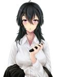  1girl ahoge beifeng_han black_hair blush dress_shirt hair_between_eyes long_hair looking_at_viewer miyaura_sanshio office_lady open_mouth original shirt simple_background solo violet_eyes white_background 