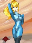  1girl :d artist_name blonde_hair blue_eyes blue_suit bodysuit breasts hand_on_own_chest kein2002 latex metroid open_mouth ponytail samus_aran smile solo zero_suit 