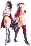  2girls aken albino ankle_wings arm_at_side armor ass beads bikini_armor black_hair black_legwear boots breasts cape copyright_request crossed_arms full_body greaves hair_between_eyes hand_on_own_head head_wings heart high_heels high_ponytail highres huge_breasts jewelry large_breasts leg_armor legs_apart long_hair midriff multicolored_hair multiple_girls necklace open_mouth panties pauldrons ponytail red_cape red_eyes red_legwear shin_guards sideboob simple_background smirk standing teeth thigh-highs twitter_username underwear vambraces very_long_hair white_background white_hair 