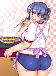  1girl :d apron ass blue_eyes blue_hair blush breasts buruma chopsticks fat fat_step-sister_(orizen) fish from_behind grilling gym_uniform half_updo highres large_breasts looking_at_viewer open_mouth original orizen plump school_swimsuit short_hair smile solo stove swimsuit thick_thighs thighs 