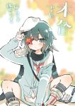  1girl cape commentary_request eyepatch green_eyes green_hair hat kantai_collection kiso_(kantai_collection) leaf maple_leaf pauldrons remodel_(kantai_collection) school_uniform serafuku sitting skirt sodapop_(iemaki) solo sweater translation_request 