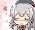  1girl =_= beret blush closed_eyes engiyoshi epaulettes gloves grey_hair hands_on_own_face hat heart jacket kantai_collection kashima_(kantai_collection) kerchief long_hair military military_uniform open_mouth solo twintails uniform upper_body wavy_hair 
