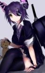  1girl amii black_legwear breasts cat crossed_legs eyepatch gloves headgear highres kantai_collection looking_at_viewer multiple_girls necktie open_mouth partly_fingerless_gloves purple_hair school_uniform short_hair solo tenryuu_(kantai_collection) thigh-highs yellow_eyes 