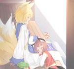  2girls animal_ears blonde_hair brown_hair cat_ears cat_tail chen closed_eyes fox_tail hat hat_removed headwear_removed lying lying_on_lap lying_on_person multiple_girls multiple_tails on_side sakurea sandals short_hair sitting sleeping sleeping_on_person tail touhou yakumo_ran 