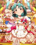  1girl artist_request blush brown_eyes candy dress earrings food green_hair idolmaster idolmaster_million_live! jewelry looking_at_viewer official_art pose puffy_cheeks short_hair solo tears tiered_tray tokugawa_matsuri v 