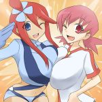  2girls akane_(pokemon) blue_eyes breast_press breasts commentary_request fuuro_(pokemon) gloves gym_leader hair_ornament huge_breasts midriff multiple_girls navel one_eye_closed open_mouth oro_(zetsubou_girl) pink_eyes pink_hair pokemon pokemon_(game) pokemon_bw pokemon_hgss redhead smile symmetrical_docking twintails 