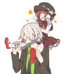  1boy 1girl blue_eyes dezel_(tales) hat open_mouth piggyback redhead rose_(tales) short_hair smile tales_of_(series) tales_of_zestiria white_hair yanzhan younger 