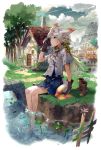  1girl animal_ears barefoot boots clouds cloudy_sky dragonfly feet_in_water frog gloves green_eyes kyuusugi_toku long_hair original river shoes_removed silver_hair sitting skirt sky soaking_feet solo tail tree water 