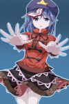  1girl blue_eyes blue_hair chinese_clothes gradient gradient_background hair_ornament hat jiangshi miyako_yoshika ofuda open_mouth outstretched_arms pale_skin ruu_(tksymkw) short_hair skirt solo star touhou zombie_pose 
