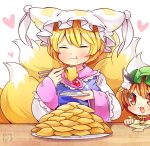  2girls :3 aburaage animal_ears blonde_hair brown_eyes brown_hair cat_ears chen chopsticks closed_eyes commentary_request eating food fox_tail hat heart ibarashiro_natou long_sleeves mob_cap multiple_girls multiple_tails open_mouth pillow_hat plate smile table tail touhou wide_sleeves yakumo_ran 