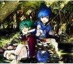  2boys blue_cape blue_eyes blue_hair bucket bucket_of_water cape closed_eyes earrings fish fishing_line fishing_rod headband jewelry multiple_boys nature open_mouth purple_cape puzzle_&amp;_dragons red_earrings river rock smile tree umisachi_&amp;_yamasachi_(p&amp;d) そらン 