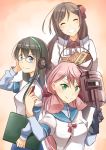  3girls :d ^_^ akashi_(kantai_collection) blue_eyes bow brown_hair closed_eyes closed_mouth commentary_request glasses green_eyes hair_bow hair_ribbon ido_(teketeke) kantai_collection long_hair mamiya_(kantai_collection) multiple_girls ooyodo_(kantai_collection) open_mouth pink_hair red_bow red_ribbon ribbon screwdriver smile tress_ribbon welding_mask 