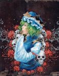  1girl covering_mouth epaulettes flower green_eyes green_hair hat johnalay oil_painting_(medium) rod_of_remorse shiki_eiki short_hair signature skull sleeves_past_wrists solo spider_lily touhou traditional_media vest 