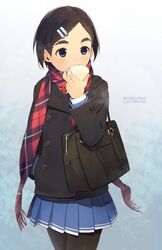  1girl bag black_hair black_legwear character_name coat eating eyebrows food hair_ornament hairclip hand_in_pocket highres idolmaster idolmaster_cinderella_girls matsuo_chizuru necktie nikuman pantyhose plaid plaid_scarf pleated_skirt scarf school_bag school_uniform short_hair skirt solo teiryoku_lolita thick_eyebrows violet_eyes winter_clothes 