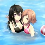  2girls :d ahoge beifeng_han black_hair breasts brown_hair character_request cleavage commentary_request hair_between_eyes innertube large_breasts long_hair looking_at_viewer miyaura_sanshio multiple_girls open_mouth original partially_submerged pink_eyes short_hair smile v violet_eyes water 