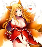  1girl ahoge animal_ears blonde_hair blush breasts choker cleavage collarbone commentary fang fox_ears fox_tail green_eyes heart hoshii_miki idolmaster japanese_clothes kimono large_breasts long_hair multiple_tails off_shoulder open_mouth serino_itsuki smile solo spoken_heart tail 