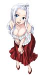  1girl :d bare_shoulders blue_eyes breasts cleavage collarbone fairy_tail frills hands_on_own_knees large_breasts leaning_forward long_hair long_skirt looking_at_viewer mashima_hiro mirajane_strauss official_art open_mouth scrunchie shiny shiny_clothes shiny_hair silver_hair skirt smile solo strapless topknot wrist_scrunchie 
