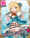  blonde_hair blush character_name dress green_eyes idolmaster idolmaster_cinderella_girls microphone sakurai_momoka short_hair singing stars wink 