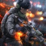  1girl artist_name assault_rifle backpack bag brown_eyes brown_hair chevasis eotech glasses gloves gun headset heckler_&amp;_koch helmet hk416 laser_sight military operator original rain rifle scarf trigger_discipline weapon 