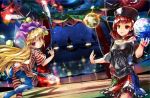  2girls american_flag_legwear american_flag_shirt ass black_shirt blonde_hair bowling_pin breasts chain circus cleavage clothes_writing clownpiece collar curtains earth_(ornament) fairy_wings flame frilled_skirt frills from_behind glowing gold_chain hat hecatia_lapislazuli jester_cap juggling levitation lights long_hair looking_afar looking_back moon_(ornament) multicolored_skirt multiple_girls murachiki off-shoulder_shirt red_eyes redhead shiny shiny_hair shirt short_sleeves skirt small_breasts smile spotlight touhou very_long_hair violet_eyes wings 