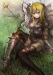  1girl armor black_legwear blonde_hair blood blue_eyes commentary_request elf injury long_hair original pointy_ears sitting solo sword thigh-highs torn_clothes torn_thighhighs weapon 