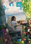  1girl achiki air_conditioner animal animal_on_lap bangs barefoot black_hair blue_sky blurry book bowl brick cat chair closed_mouth clouds cup drink drinking_glass dutch_angle flower from_side garden grey_hair holding holding_book laundry leaf long_hair morning_glory net office_chair original pet_bowl petting plant potted_plant shirt short_sleeves shorts sitting sitting_on_chair sky smile solo t-shirt table tree vines wind yawning 