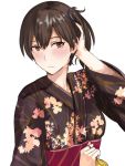  1girl brown_eyes brown_hair hair_tucking hand_in_hair japanese_clothes kaga_(kantai_collection) kantai_collection kimono leaf_print ogros short_hair side_ponytail solo yukata 