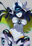  1girl arms_behind_head blue_eyes code_maya elsword highres looking_at_viewer nishino_(waero) robot simple_background solo 