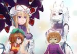  3girls androgynous animal_ears bangs blonde_hair blue_eyes bow breasts brown_hair cat_ears cat_tail chen clenched_teeth dress endless_would flat_chest frisk_(undertale) furry gap green_hat hands_together hands_up hat hat_ribbon hiss holding_umbrella horns light_particles looking_at_another mob_cap multiple_girls multiple_tails purple_hair red_eyes red_vest ribbon shirt short_hair slit_pupils smile striped striped_shirt tabard tail toriel touhou two_tails umbrella undertale white_dress white_shirt yakumo_yukari 