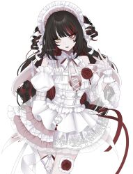  1girl bat_wings black_hair bonnet colored_inner_hair cowboy_shot detached_sleeves dress drill_hair fingernails flower hand_up hazaki_yoshino head_wings heterochromia highres idolmaster idolmaster_shiny_colors idolmaster_shiny_colors_song_for_prism ikaruga_luca long_fingernails long_hair looking_at_viewer multicolored_hair nail_polish official_alternate_costume pale_skin parted_lips puffy_detached_sleeves puffy_sleeves red_eyes red_flower red_nails red_rose red_streaks rose simple_background solo standing streaked_hair twin_drills two-tone_hair two_side_up white_background white_dress wings yellow_eyes 