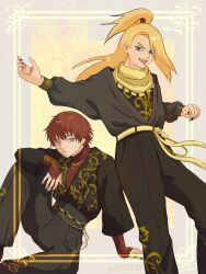  2boys :p absurdres asymmetrical_bangs belt belt_ribbon black_nails black_shirt blonde_hair blue_eyes chain_belt closed_mouth deidara_(naruto) extra_mouth eyeliner floral_print gold_border gold_necklace green_nails grey_background grey_eyes high_ponytail highres jacket jewelry looking_at_viewer makeup male_focus miomu4 multiple_boys naruto_(series) naruto_shippuuden necklace official_alternate_costume ponytail red_hair ring sasori_(naruto) scarf shirt short_hair simple_background squatting standing tongue tongue_out watermark yellow_scarf 