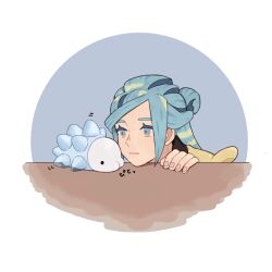  1boy aqua_eyes aqua_hair closed_mouth commentary_request grusha_(pokemon) hand_up highres jacket male_focus pao_cha_n pokemon pokemon_(creature) pokemon_sv snom staring yellow_jacket 