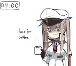  1girl bags_under_eyes black_gloves blue_eyes bowtie brown_hair capelet coffee coffee_mug cup english exhausted gloves graf_zeppelin_(kantai_collection) hat holding_cup jitome kantai_collection melone_(melonenbrot) military military_uniform mug naval_uniform peaked_cap sidelocks simple_background solo steam timestamp tired twintails uniform white_background 