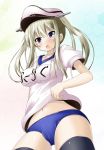  1girl black_legwear blonde_hair blue_eyes blush breasts buruma clothes_writing commentary_request graf_zeppelin_(kantai_collection) gym_uniform hat ichimi kantai_collection large_breasts long_hair midriff navel open_mouth sailor_hat shirt shirt_lift sign solo thigh-highs thighs 
