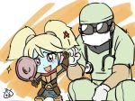  1girl armor blue_skin fist_bump glasses gloves league_of_legends leng_wa_guo long_hair mask pointy_ears poppy shen surgeon surgical_mask twintails white_hair yordle 